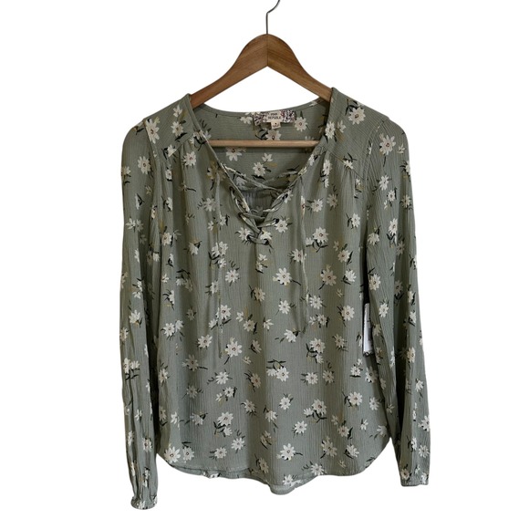 Pink Republic Floral Blouse Lace Up Long Sleeve Top Boho Casual Sage S - Picture 1 of 8